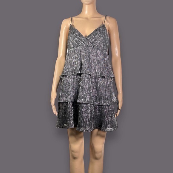 NWT Rewind Black Glittery Spaghetti Strap Tiered Mini Dress Sz Medium - "Ellen" - Picture 1 of 7